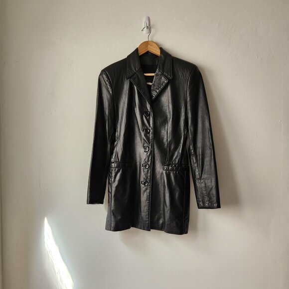 Vtg Late 90s Early 00s Women's Genuine Leather Long Black Button-Up Jacket Rock - Picture 2 of 16